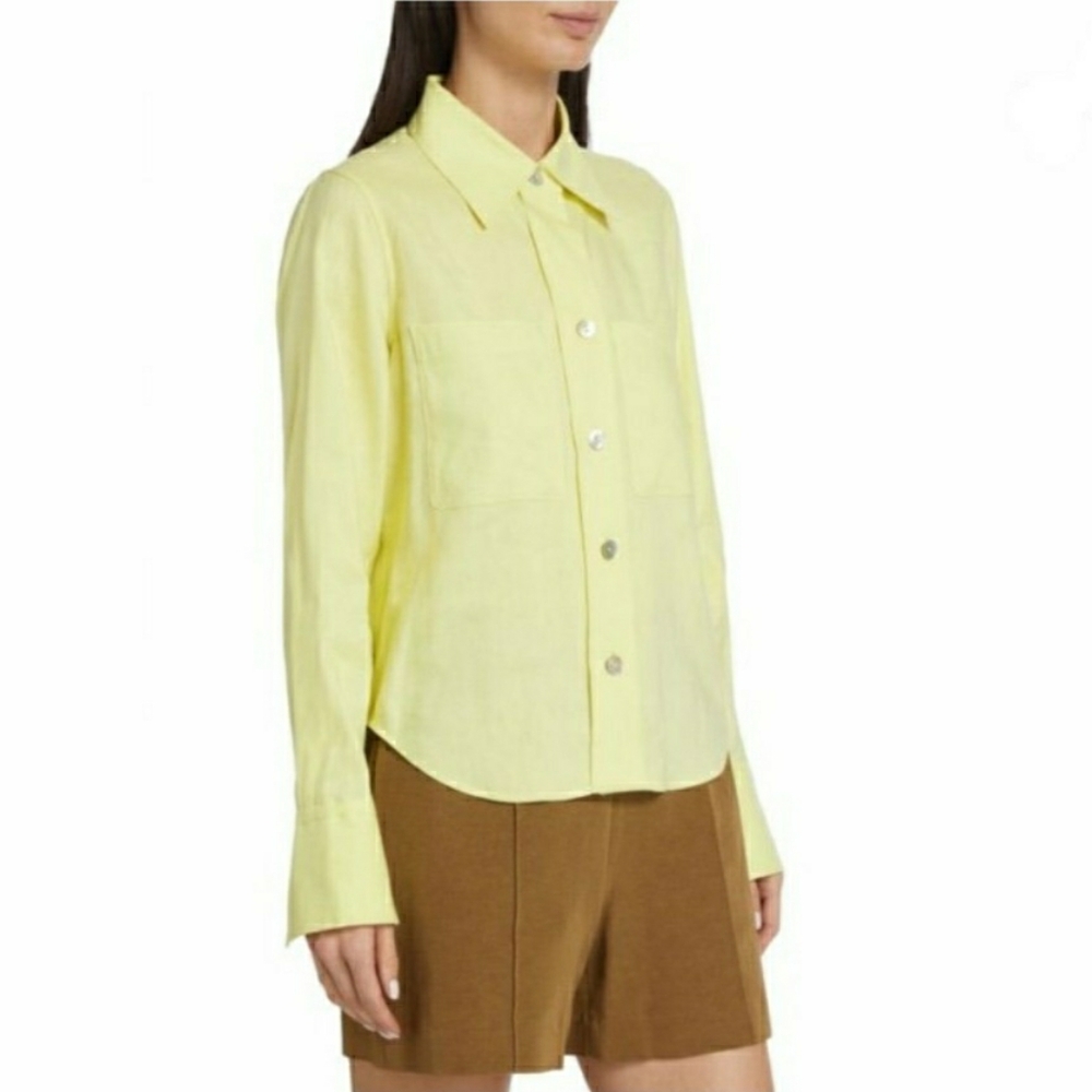 Vince Linen Blend Yellow Green Button-Up Women's Shirt - Picture 11 of 12